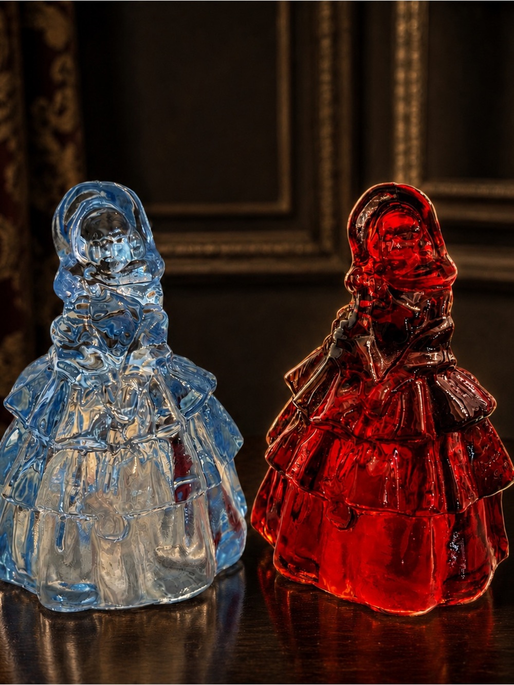 Vintage Boyd Glass Louise Dolls Red Cadmium Blue Fairy Lamp Pair